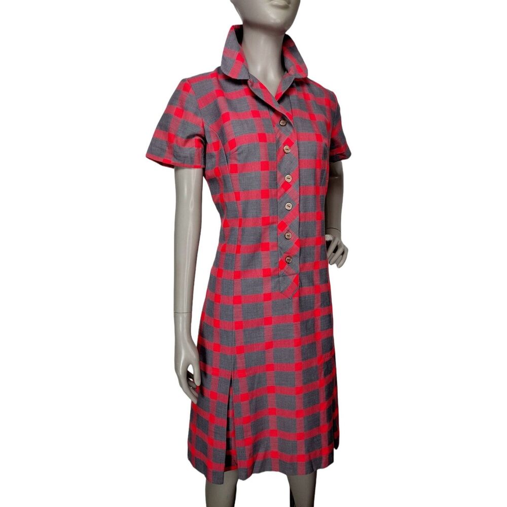 Vintage 50s Sears Academia Gingham Plaid Check Drop Waist Kick Pleat Dress